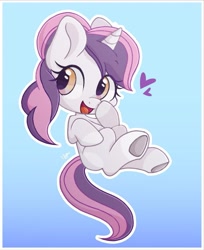 Size: 1044x1280 | Tagged: safe, derpibooru import, oc, oc only, oc:sweetieck dreams, pony, unicorn, g4, g4.5, chibi, cute, eyelashes, female, filly, floating heart, foal, gradient background, heart, horn, mare, open mouth, open smile, smiling, solo, underhoof, unicorn horn, unicorn oc