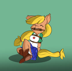 Size: 1942x1926 | Tagged: safe, artist:parassaux, derpibooru import, applejack, anthro, g4, bit gag, bondage, boots, bound and gagged, clothes, cowboy boots, denim, denim skirt, eyes closed, female, gag, gradient background, hands behind back, panties, panty shot, rope, rope bondage, shoes, sitting, skirt, solo, underwear