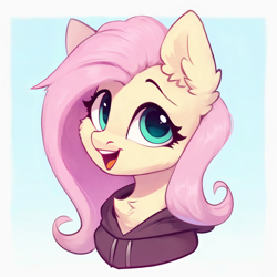 Size: 1280x1280 | Tagged: safe, ai content, artist:nightluna, derpibooru import, editor:nightluna, machine learning assisted, fluttershy, pegasus, pony, g4, bust, cheek fluff, chest fluff, clothes, cute, ear fluff, ears, eyebrows, eyelashes, female, gradient background, hoodie, looking at you, mare, open mouth, open smile, passepartout, portrait, shyabetes, simple background, smiling, smiling at you, solo
