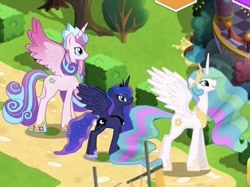 Size: 390x292 | Tagged: safe, derpibooru import, princess celestia, princess flurry heart, princess luna, alicorn, g4, adult flurry heart, ethereal mane, game screencap, gameloft, height difference, hoof shoes, my little pony: magic princess, older, older flurry heart, peytral, spread wings, trio, wings