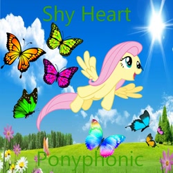 Size: 900x900 | Tagged: safe, artist:aaliyah_rosado, artist:ponyphonic, artist:user15432, derpibooru import, fluttershy, butterfly, insect, pegasus, pony, g4, album, album cover, blue sky, cloud, flower, flying, grass, open mouth, open smile, shy heart, sky, smiling, sun, tree