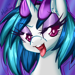 Size: 3000x3000 | Tagged: safe, artist:floralshitpost, derpibooru import, dj pon-3, vinyl scratch, pony, unicorn, g4, bust, colored eyebrows, colored pinnae, ear fluff, ears, eye clipping through hair, eyebrows, eyebrows visible through hair, eyelashes, eyeshadow, female, glasses, gradient background, high res, horn, lidded eyes, looking at you, makeup, mare, open mouth, open smile, outline, pink eyes, portrait, signature, smiling, smiling at you, solo, sparkly eyes, tongue, tongue out, vinyl's glasses, wingding eyes