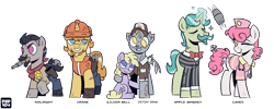 Size: 5000x2000 | Tagged: safe, artist:php104, derpibooru import, derpy hooves, oc, oc only, oc:apple whiskey, oc:candi, oc:crane, oc:railright, oc:silver bell, earth pony, ghoul, pony, undead, unicorn, fallout equestria, g4, clothes, gun, hard hat, hat, horn, nurse, simple background, transparent background, weapon