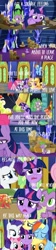 Size: 736x3259 | Tagged: safe, derpibooru import, edit, edited screencap, screencap, applejack, big macintosh, fluttershy, pinkie pie, rainbow dash, rarity, spike, twilight sparkle, twilight sparkle (alicorn), alicorn, dragon, earth pony, pony, unicorn, g4, season 9, the last problem, book, bookshelf, box, boxes, cardboard box, dragons riding ponies, ears, female, floppy ears, group hug, horn, hug, library, male, mane seven, mane six, mare, party cave, riding, riding a pony, spike riding twilight, stallion, sweet apple acres, twilight's castle, twilight's castle library, winged spike, wings