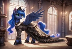 Size: 1216x832 | Tagged: safe, ai content, derpibooru import, generator:stable diffusion, machine learning generated, princess luna, alicorn, pony, g4, bracelet, clothes, crown, dress, female, generator:autismmix pony, horn, indoors, jewelry, mare, prompter:kluknawa235, regalia, smiling, spread wings, torch, window, wings, wooden floor