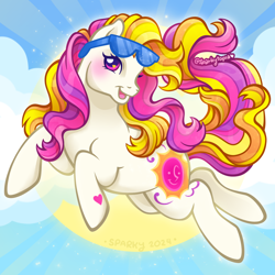 Size: 2400x2400 | Tagged: safe, artist:sparkytopia, derpibooru import, sunny daze (g3), earth pony, pony, g3, cloud, female, heart, heart eyes, looking at you, mare, open mouth, open smile, pink eyes, signature, smiling, solo, sun, sunglasses, sunglasses on head, white coat, wingding eyes