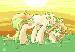 Size: 2388x1668 | Tagged: safe, artist:ezzerie, derpibooru import, oc, oc only, oc:peppy snap, pony, female, flower, grass, mare, smelling, solo, venus flytrap