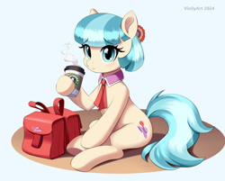 Size: 2256x1817 | Tagged: safe, artist:vinilyart, derpibooru import, coco pommel, earth pony, pony, g4, bag, coffee, coffee cup, cup, female, mare, saddle bag, simple background, solo, starbucks, white background