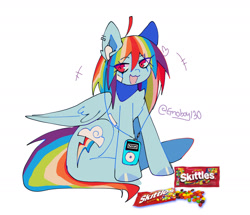 Size: 1956x1683 | Tagged: safe, artist:emoboy130, derpibooru import, rainbow dash, pony, g4, :3, ahoge, bandaid, blue hooves, candy, chest fluff, colored hooves, colored pinnae, ear fluff, ear piercing, earring, ears, emanata, eye clipping through hair, eyebrows, eyebrows visible through hair, female, folded wings, food, ipod, ipod shuffle, jewelry, listening to music, looking away, mare, multicolored hair, multicolored mane, multicolored tail, open mouth, open smile, piercing, rainbow hair, rainbow tail, shiny hooves, signature, simple background, sitting, skittles, slit eyes, smiling, solo, tail, white background, wings