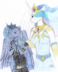 Size: 774x950 | Tagged: safe, artist:lunarlight-prism, derpibooru import, princess celestia, princess luna, alicorn, anthro, g4, breasts, clothes, dress, female, hair over one eye, royal sisters, siblings, simple background, sisters, traditional art, white background