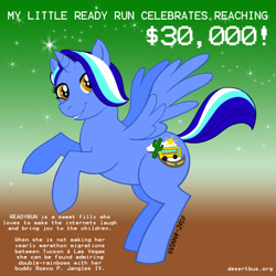 Size: 750x750 | Tagged: safe, artist:kv1nn4, derpibooru import, oc, oc only, oc:readyrun, alicorn, pony, alicorn oc, desert bus for hope, female, gradient background, grin, horn, rearing, smiling, solo, wings