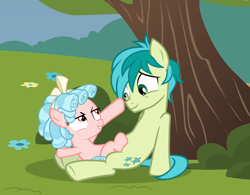 Size: 1162x906 | Tagged: safe, artist:lunaticdawn, derpibooru import, cozy glow, sandbar, earth pony, pegasus, pony, g4, boop, colt, cute, duo, eye contact, female, filly, foal, grass, looking at each other, looking at someone, male, sitting, smiling, smirk, teenager, tree
