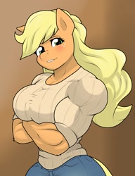 Size: 1733x2252 | Tagged: safe, artist:matchstickman, derpibooru import, applejack, anthro, earth pony, g4, alternate hairstyle, applejacked, applerack, biceps, blushing, breasts, clothes, crossed arms, female, looking at you, loose hair, mare, muscles, muscular female, solo, sweater