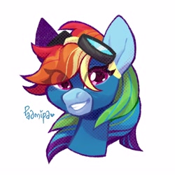 Size: 2500x2500 | Tagged: safe, artist:radmira_lamp, derpibooru import, rainbow dash, pegasus, pony, bust, eye clipping through hair, female, goggles, grin, simple background, smiling, solo, white background