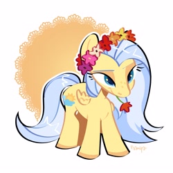 Size: 3000x3000 | Tagged: safe, artist:radmira_lamp, derpibooru import, oc, oc only, pegasus, pony, female, floral head wreath, flower, flower in mouth, mouth hold, pegasus oc, simple background, white background