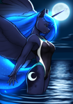 Size: 2800x4000 | Tagged: safe, artist:mykegreywolf, derpibooru import, princess luna, alicorn, anthro, plantigrade anthro, g4, 2d, blue eyes, blue mane, blue tail, breasts, clothes, cloud, crepuscular rays, ethereal mane, ethereal tail, feather, female, flowing mane, flowing tail, gradient mane, horn, lidded eyes, looking down, mare, moon, moonlight, night, ocean, one-piece swimsuit, partially submerged, profile, side view, sky, sleeveless, solo, spread arms, spread wings, starry mane, starry tail, swimsuit, tail, water, wings