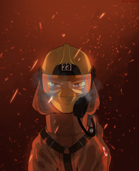 Size: 1920x2370 | Tagged: safe, artist:kirasunnight, derpibooru import, oc, oc only, earth pony, pony, bust, canadian flag, commission, embers, face mask, fire, firefighter, gas mask, helmet, high res, looking at you, male, mask, solo, stallion