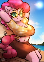 Size: 992x1403 | Tagged: safe, alternate version, artist:doodlebun, artist:mrdoodlebun, derpibooru import, pinkie pie, anthro, g4, arm behind head, beach, breasts, cleavage, clothes, female, front knot midriff, glasses, midriff, outdoors, pinkie pies, round glasses, shirt, sitting, skirt, smiling, sunglasses