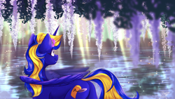 Size: 2920x1643 | Tagged: safe, artist:jsunlight, derpibooru import, oc, oc:golden scrolls, alicorn, crepuscular rays, glowing, ocean, solo, sunlight, water