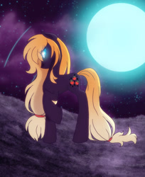 Size: 674x826 | Tagged: safe, artist:ashleynicholsart, part of a set, applejack, earth pony, pony, banned from derpibooru, cloud, deleted from derpibooru, glowing eyes, moon, night, nightmare applejack, nightmarified, raised hoof, raised leg, rock, scrunchie, sky, solo, stone