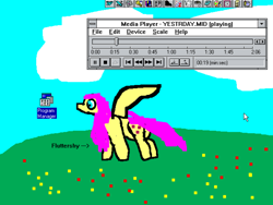 Size: 1440x1080 | Tagged: safe, fluttershy, pegasus, pony, 1000 hours in ms paint, cloud, crappy art, female, grass, mare, no ears, retro, solo, stupid, the stare, windows 3.1