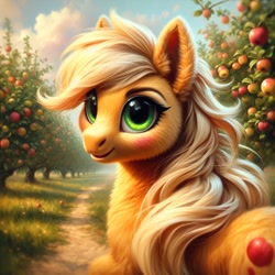 Size: 1024x1024 | Tagged: safe, ai content, machine learning generated, applejack, earth pony, pony, alternate hairstyle, apple, bing, blushing, female, fluffy, hatless, looking at you, looking back, looking back at you, mare, missing accessory, solo, sweet apple acres