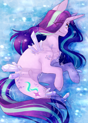 Size: 1700x2380 | Tagged: safe, artist:riressa, derpibooru import, starlight glimmer, pony, unicorn, g4, crying, crystal, cutie mark, female, horn, looking at you, mare, smiling, solo, water