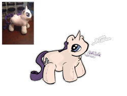 Size: 2160x1620 | Tagged: safe, artist:felixmcfurry, derpibooru import, rarity, original species, unicorn, bootleg, cursed image, deformed, female, horn, plush pony, plushie, redraw, round ears, simple background, solo, stitches, transparent background, wat