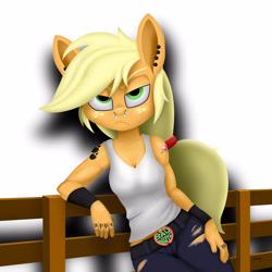 Size: 3200x3200 | Tagged: safe, artist:leddaq, derpibooru import, applejack, anthro, g4, belt, clothes, denim, ear piercing, female, fence, freckles, jeans, lidded eyes, looking at you, nose piercing, pants, piercing, simple background, solo, tattoo, white background