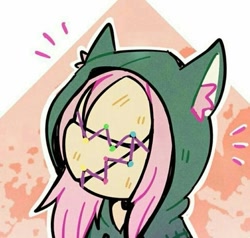 Size: 563x536 | Tagged: artist needed, safe, derpibooru import, fluttershy, pegasus, g4, abstract background, chibi, clothes, crossover, cute, dead by daylight, ears, female, hood, hoodie, mare, mask, solo, the legion