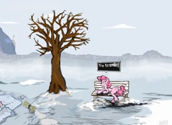 Size: 901x657 | Tagged: artist needed, source needed, safe, derpibooru import, pinkie pie, pony, g4, bench, dead tree, element of justice, female, game:element of justice, hay, ice, mare, snow, tree, winter