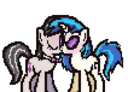 Size: 530x382 | Tagged: safe, artist:softlava, derpibooru import, dj pon-3, octavia melody, vinyl scratch, pony, unicorn, g4, blushing, bowtie, duo, duo female, element of justice, female, game:element of justice, horn, kiss on the lips, kissing, lesbian, mare, scratchtavia, shipping, simple background, white background