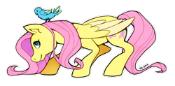 Size: 790x389 | Tagged: safe, artist:cruxisma, derpibooru import, fluttershy, bird, pegasus, pony, g4, duo, female, mare, old art, simple background, solo, transparent background