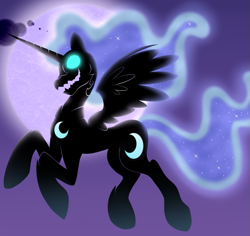 Size: 879x829 | Tagged: safe, artist:cruxisma, derpibooru import, nightmare moon, alicorn, pony, g4, ethereal mane, ethereal tail, female, flying, glowing, glowing eyes, jagged mouth, mare, moon, old art, silhouette, solo, tail