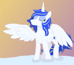 Size: 1800x1600 | Tagged: safe, artist:silverfishv9, derpibooru import, oc, oc only, oc:azure star (silverfishv9), alicorn, alicorn oc, blue eyes, blue mane, female, gradient background, highlights, horn, mare, solo, wings