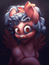 Size: 2219x2919 | Tagged: safe, artist:peepingtom, derpibooru import, cozy glow, pegasus, pony, g4, bow, bust, curly hair, female, filly, foal, hair bow, portrait, wide eyes