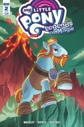 Size: 2063x3131 | Tagged: safe, artist:zachary sterling, derpibooru import, idw, rockhoof, earth pony, pony, g4, clothes, comic cover, cover, cover art, eruption, lava, legends of magic #2, male, my little pony logo, my little pony: legends of magic, official comic, outdoors, raised hoof, raised leg, signature, solo, stallion, tail, unshorn fetlocks, variant cover