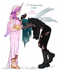 Size: 1791x2160 | Tagged: safe, artist:peachmichea, derpibooru import, princess cadance, queen chrysalis, human, g4, bent over, boots, cadence misspelling, clothes, dialogue, dress, duo, duo female, female, height difference, horn, horned humanization, humanized, infidelity, lesbian, light skin, misspelling, pants, ripped pants, ship:cadalis, shipping, shoes, simple background, tan skin, torn clothes, white background, winged humanization, wings
