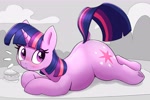 Size: 3961x2632 | Tagged: safe, artist:pabbley, derpibooru import, twilight sparkle, unicorn twilight, pony, unicorn, g4, ass up, blush lines, blushing, burger, butt, chubby, chubby twilight, croup, cute, dock, emanata, female, food, frog (hoof), high res, looking at you, looking back, lying down, mare, plot, prone, solo, sploot, tail, that pony sure does love burgers, the ass was fat, twiabetes, twibutt, twilight burgkle, underhoof