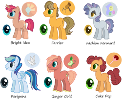 Size: 1024x831 | Tagged: safe, artist:pegasister64, derpibooru import, oc, oc only, oc:bright idea, oc:cake pop, oc:farrier, oc:fashion forward, oc:ginger gold, oc:perigrine, earth pony, pegasus, pony, unicorn, base used, beige coat, blaze (coat marking), blue coat, blue eyes, blue mane, brown mane, coat markings, cyan eyes, eyeshadow, facial markings, female, freckles, glasses, golden eyes, gray coat, gray eyes, green eyes, horn, lidded eyes, makeup, male, mare, multicolored hair, name, next generation, offspring, orange coat, outline, parent:applejack, parent:big macintosh, parent:caramel, parent:cheese sandwich, parent:fluttershy, parent:pinkie pie, parent:rainbow dash, parent:rarity, parent:soarin', parent:sunburst, parent:thunderlane, parent:twilight sparkle, parents:carajack, parents:cheesepie, parents:fluttermac, parents:rarilane, parents:soarindash, parents:twiburst, pink mane, purple mane, red coat, red mane, simple background, socks (coat marking), stallion, transparent background, two toned mane, unshorn fetlocks, white outline, yellow coat, yellow mane