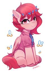 Size: 1570x2354 | Tagged: safe, artist:maren, derpibooru import, oc, oc only, oc:metaru scarlet, pegasus, pony, clothes, commission, female, looking at you, pegasus oc, shirt, simple background, sitting, smiling, smiling at you, solo, unshorn fetlocks, white background