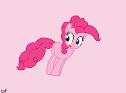 Size: 988x732 | Tagged: safe, artist:esfeet, derpibooru import, pinkie pie, earth pony, g4, female, pink background, simple background, solo