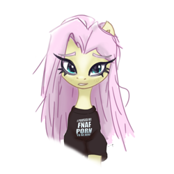 Size: 3000x3000 | Tagged: safe, artist:tuskonline, derpibooru import, fluttershy, pony, unicorn, g4, blue eyes, clothes, female, horn, pink hair, pink mane, shirt, simple background, solo, white background, yellow body