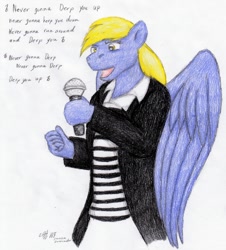 Size: 858x950 | Tagged: safe, artist:lunarlight-prism, derpibooru import, derpy hooves, anthro, pegasus, g4, clothes, female, jacket, microphone, rick astley, rickroll, simple background, solo, traditional art, white background