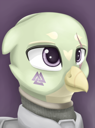 Size: 756x1016 | Tagged: safe, artist:cofido, derpibooru import, oc, oc only, oc:selena, griffon, equestria at war mod, armor, bust, eye scar, facial scar, griffon oc, portrait, scar, solo, valknut