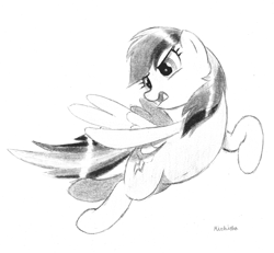 Size: 4059x3749 | Tagged: safe, artist:mizhisha, derpibooru import, rainbow dash, pony, g4, flying, pencil drawing, simple background, solo, traditional art