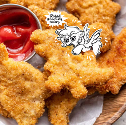 Size: 1600x1590 | Tagged: safe, artist:opalacorn, derpibooru import, oc, oc only, pegasus, pony, chicken meat, chicken nugget, commission, dialogue, dino nuggies, eating, emanata, food, irl, ketchup vein, meat, photo, ponies eating meat, ponies in food, ponies in real life, solo, speech bubble, spread wings, tiny, tiny ponies, unshorn fetlocks, vein bulge, wings