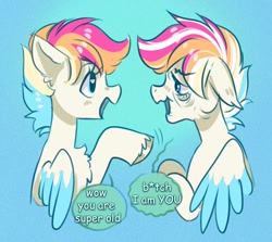 Size: 1200x1069 | Tagged: safe, artist:opalacorn, derpibooru import, oc, oc only, pegasus, pony, colored wings, dialogue, ears, elderly, floppy ears, gradient background, heart, multicolored hair, self paradox, self ponidox, solo, speech bubble, unshorn fetlocks, wings