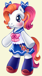 Size: 863x1536 | Tagged: safe, artist:serasugee, derpibooru import, earth pony, pony, g3, aloha pearl, blue eyes, clothes, fanart, female, heart, heart eyes, mare, pigtails, sailor uniform, simple background, solo, twintails, uniform, white fur, wingding eyes