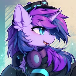 Size: 1800x1800 | Tagged: safe, artist:swaybat, derpibooru import, oc, oc only, oc:cyan nova fae, pony, unicorn, abstract background, bust, chest fluff, clothes, ear fluff, ears, hat, headphones, horn, open mouth, open smile, smiling, solo, unicorn oc